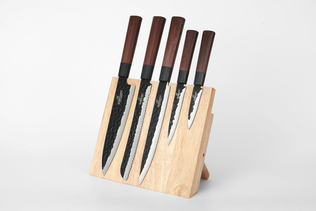 Bohmann BH-5276 5 darabos rozsdamentes acél késkészlet fa mágneses állvánnyal