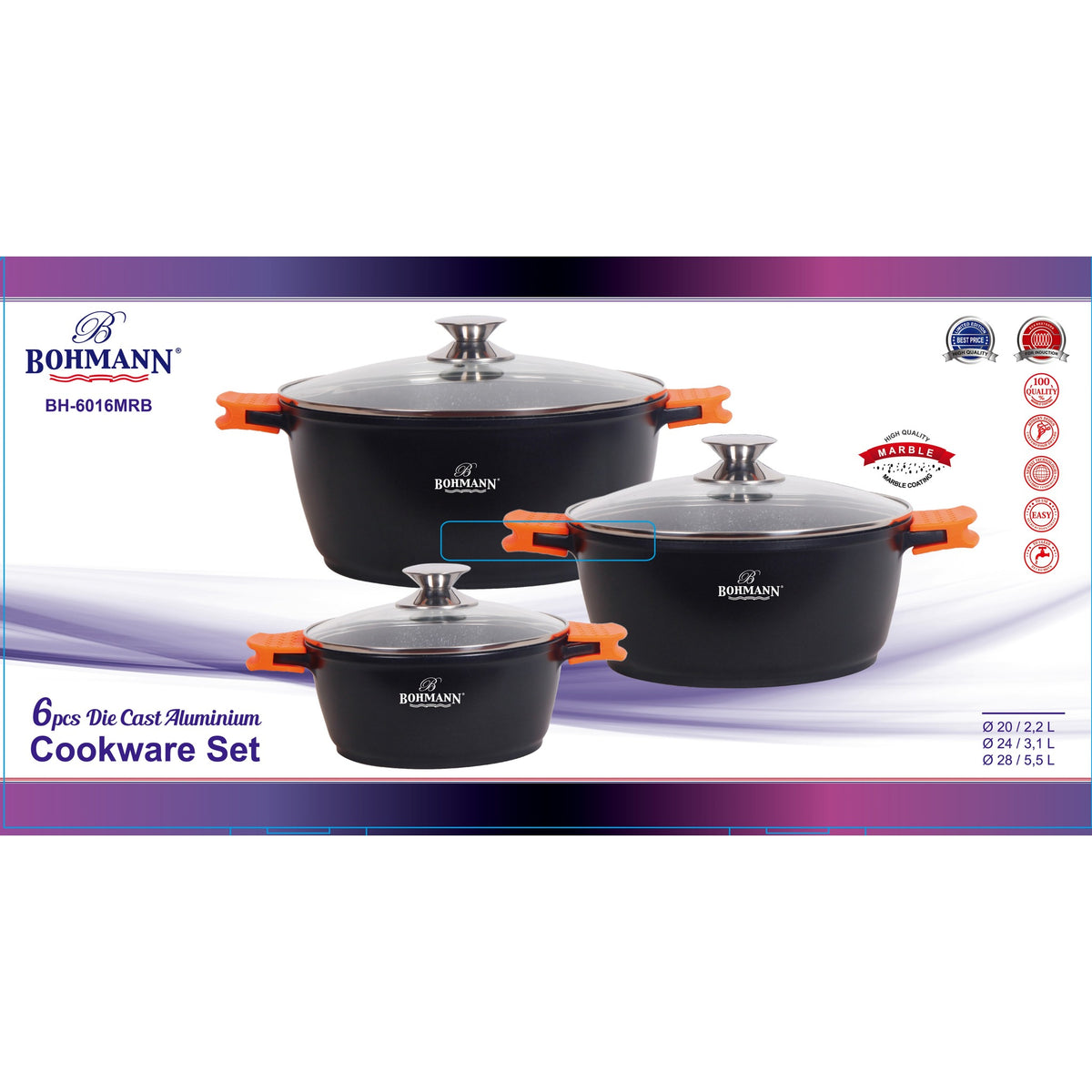 Bohmann BH-6016MRB edénykészlet – 6 részes présnyomott alumínium márvány bevonattal