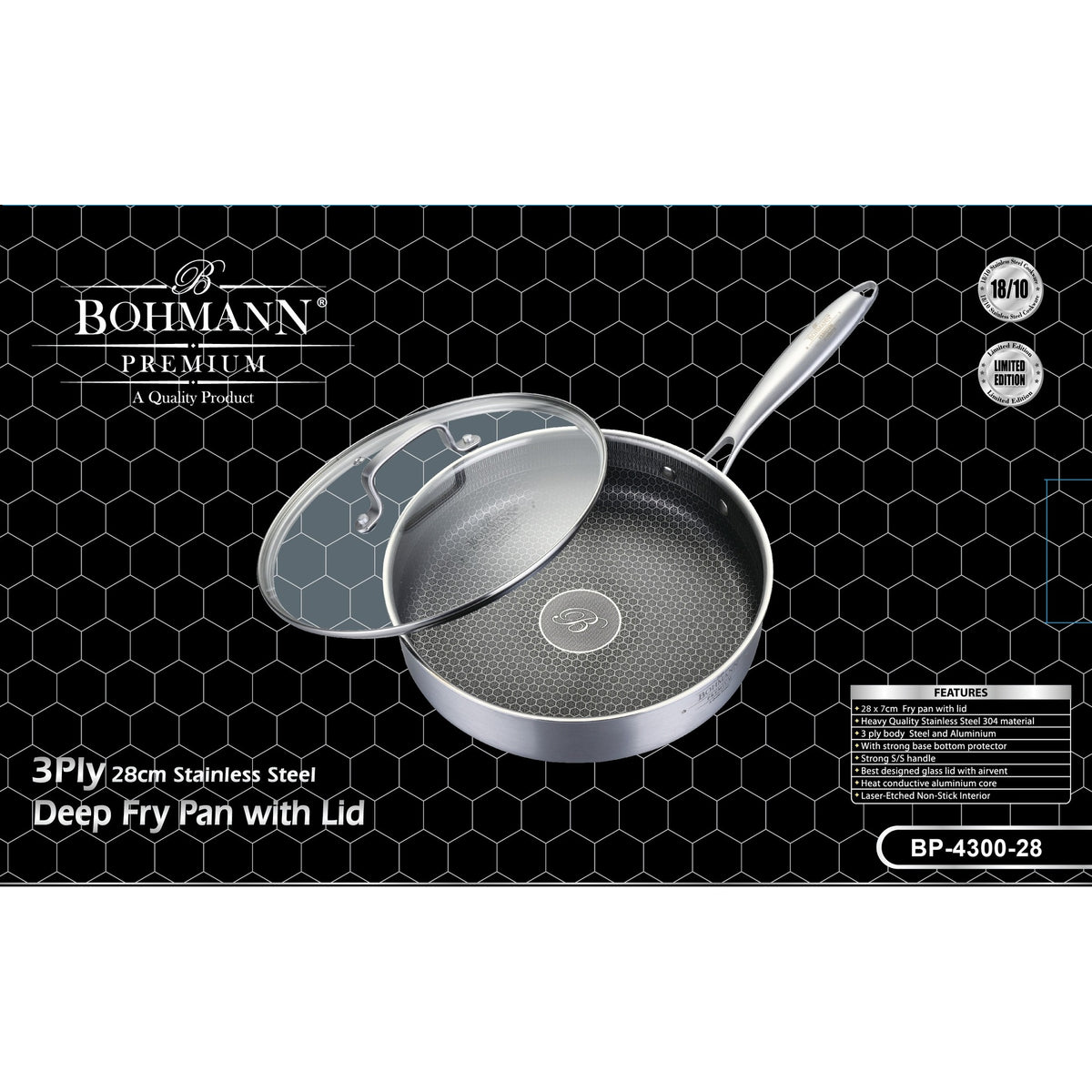 Bohmann Premium BP-4300 3 rétegű rozsdamentes acél mély serpenyő fedővel