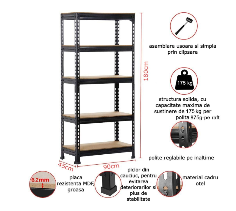 AVIMAX® - 1 DB - FEKETE polcos szekrény, fém, 5 db MDF polc, 180x90x40 cm, 175 kg/polc, csavar nélküli rögzítés, pattintással, horganyzott acél keret