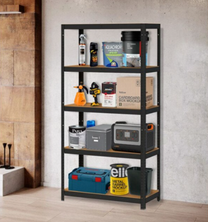 AVIMAX® - 1 DB - FEKETE polcos szekrény, fém, 5 db MDF polc, 180x90x40 cm, 175 kg/polc, csavar nélküli rögzítés, pattintással, horganyzott acél keret
