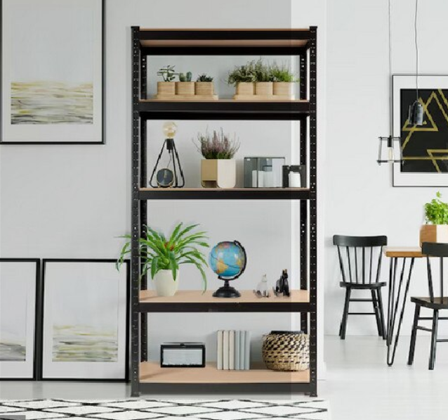 AVIMAX® - 1 DB - FEKETE polcos szekrény, fém, 5 db MDF polc, 180x90x40 cm, 175 kg/polc, csavar nélküli rögzítés, pattintással, horganyzott acél keret