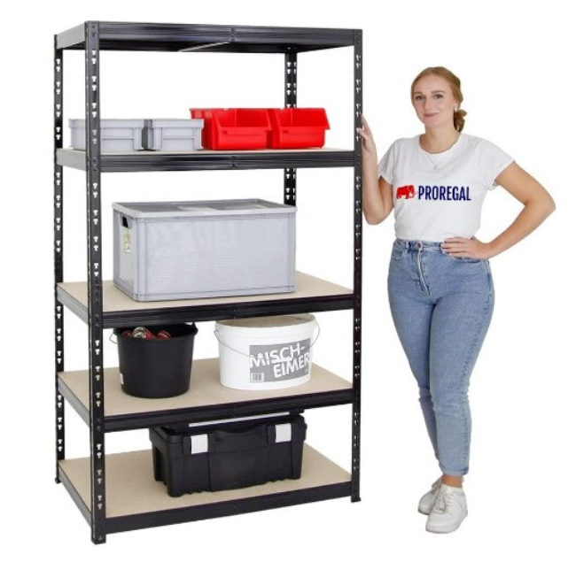 AVIMAX® - 1 DB - FEKETE polcos szekrény, fém, 5 db MDF polc, 180x90x40 cm, 175 kg/polc, csavar nélküli rögzítés, pattintással, horganyzott acél keret