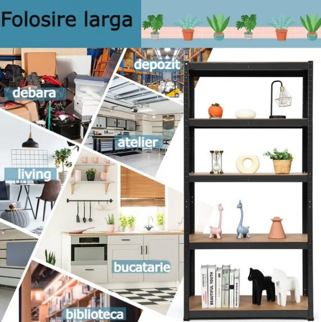 AVIMAX® - 1 DB - FEKETE polcos szekrény, fém, 5 db MDF polc, 180x90x40 cm, 175 kg/polc, csavar nélküli rögzítés, pattintással, horganyzott acél keret