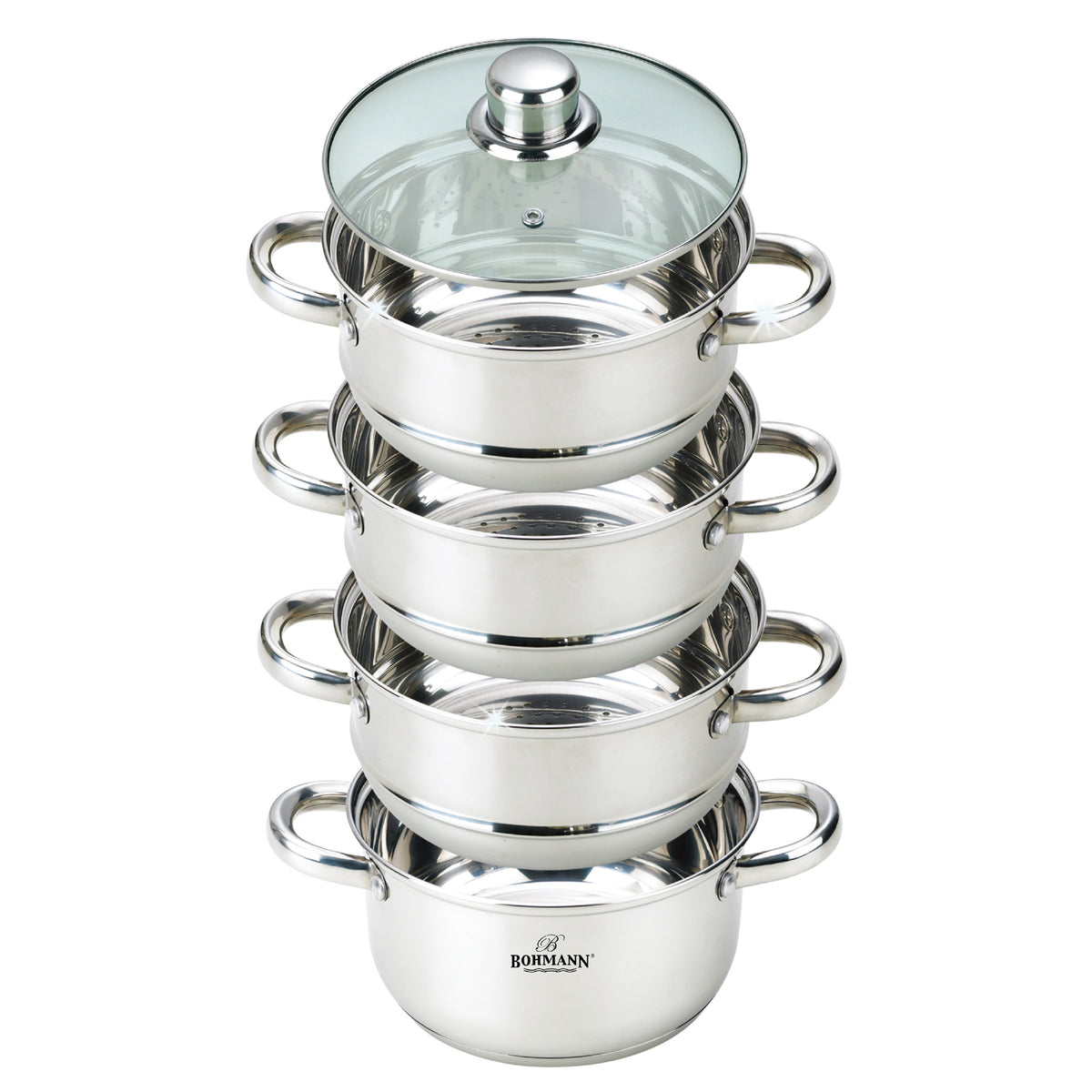 Bohmann BH 3217 5L Stainless Steel 3-Tier Steamer with Glass Lid
