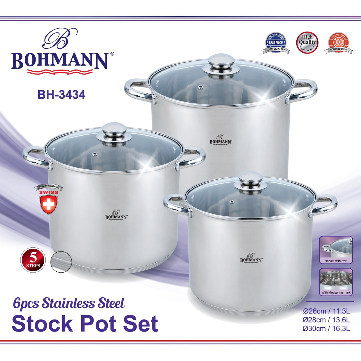 Bohmann BH-3434 6 részes rozsdamentes acél fazékkészlet