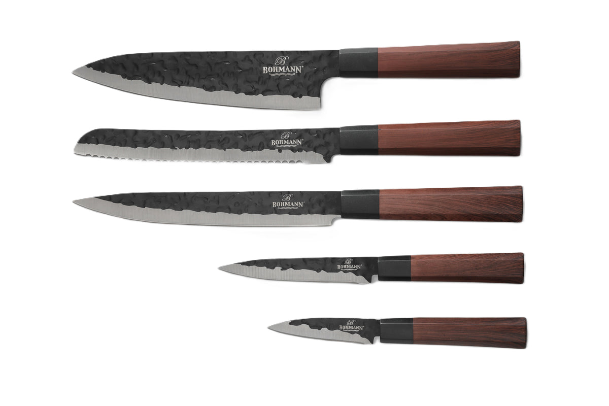 Bohmann BH-5276 5 darabos rozsdamentes acél késkészlet fa mágneses állvánnyal