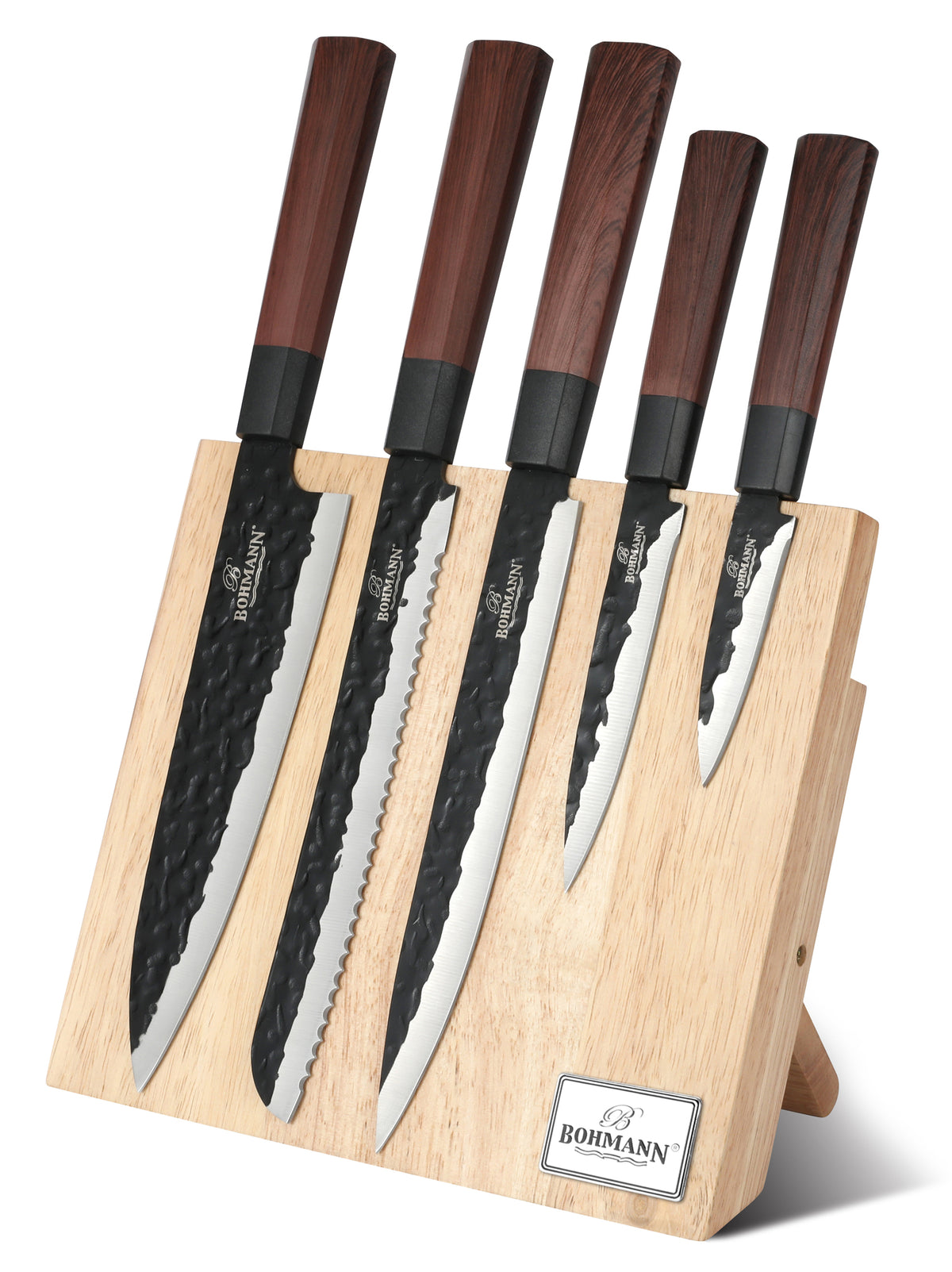 Bohmann BH-5276 5 darabos rozsdamentes acél késkészlet fa mágneses állvánnyal