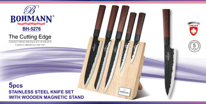 Bohmann BH-5276 5 darabos rozsdamentes acél késkészlet fa mágneses állvánnyal