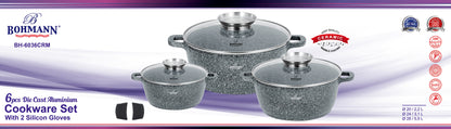 Bohmann BH-6036CRM 6 db-os öntött alumínium edénykészlet 2 db szilikonkesztyűvel