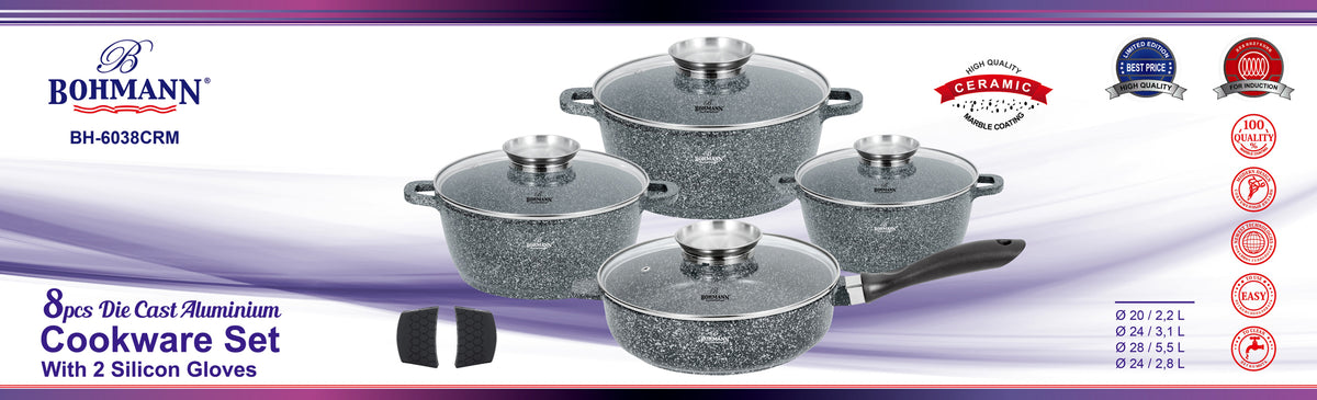 Bohmann BH-6038CRM 8 darabos öntött alumínium edénykészlet 2 db szilikonkesztyűvel
