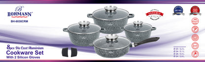 Bohmann BH-6038CRM 8 darabos öntött alumínium edénykészlet 2 db szilikonkesztyűvel