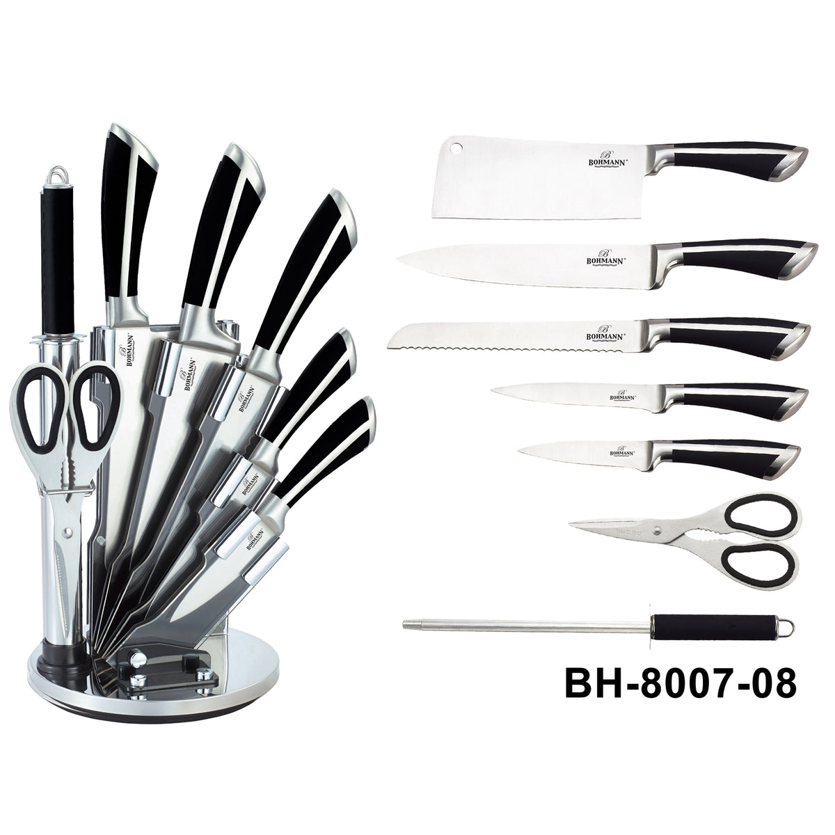 Set de cuțite din oțel inoxidabil Bohmann BH-8007-08 cu suport acrilic, 8 piese