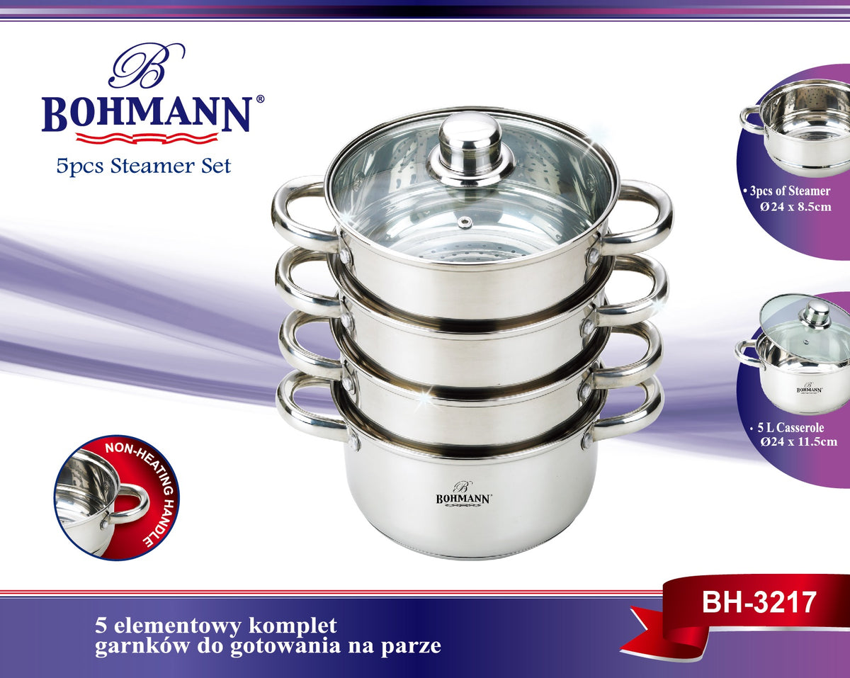 Bohmann BH 3217 5L Stainless Steel 3-Tier Steamer with Glass Lid