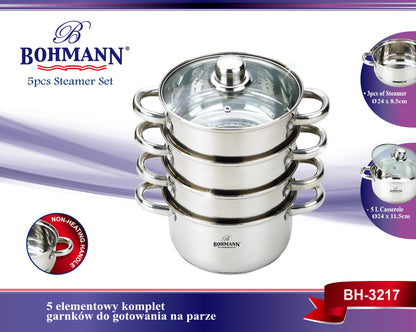 Bohmann BH 3217 5L Stainless Steel 3-Tier Steamer with Glass Lid