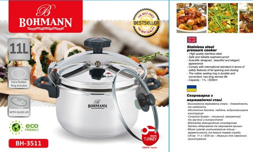 Bohmann BH-3511 11L rozsdamentes acél kukta üvegfedővel