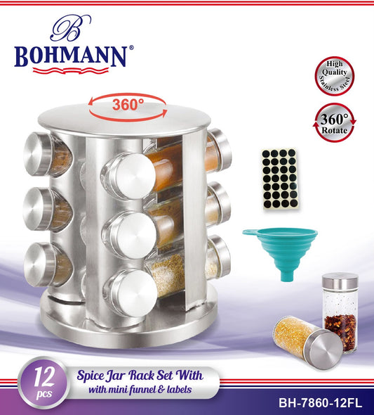 Bohmann BH-7860-12FL Spice Jar Rack Set With Mini Funnel – 12-Piece