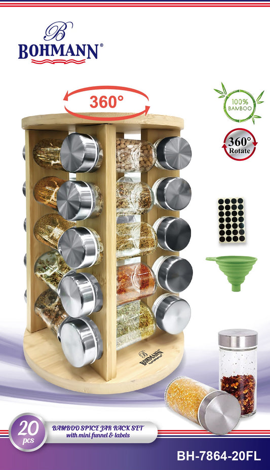 Bohmann BH-7864-20FL bamboo spice jar rack set 20-piece