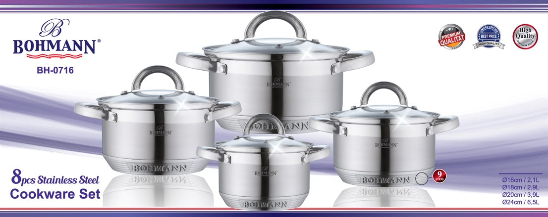 Set de vase de gătit Bohmann BH-0716 din oțel inoxidabil, 8 piese