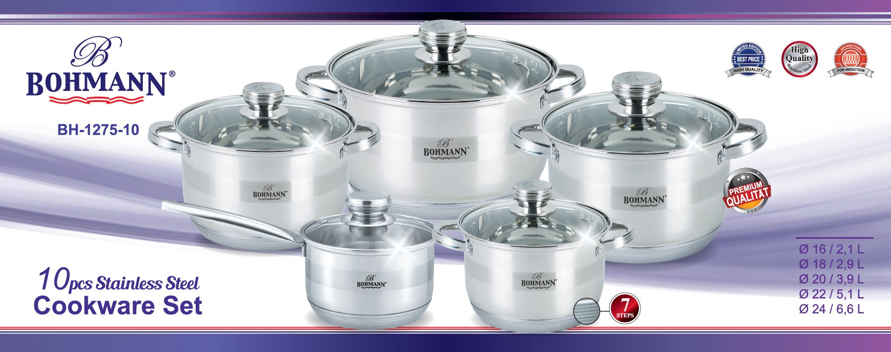 BOHMANN BH-1275-10, 10 részes edénykészlet