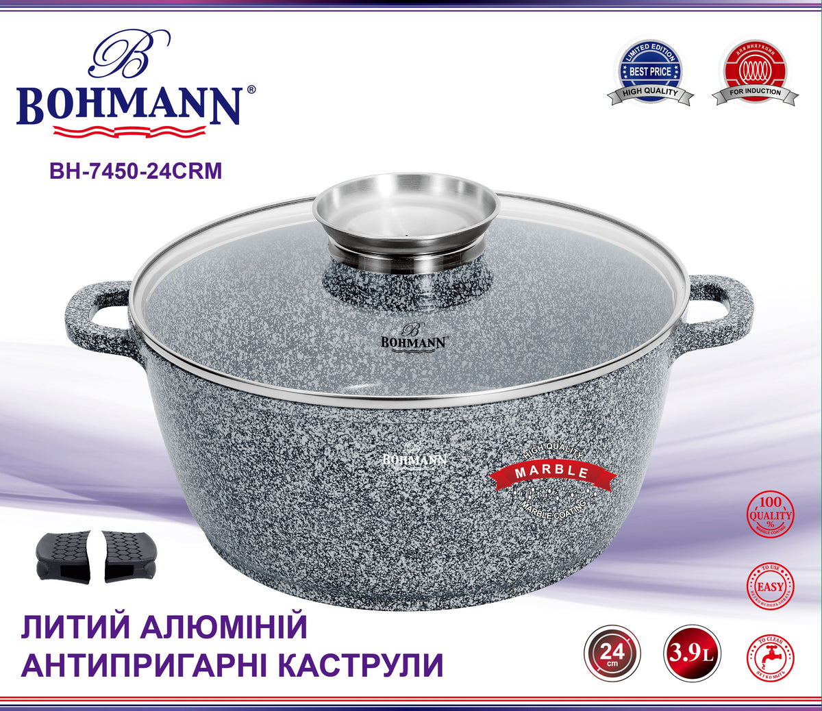 Bohmann 6 részes Gránit főzőedény szett, 20/24/28 cm, kerámia bevonattal és üvegfedővel, levehető szilikon fogantyúkkal