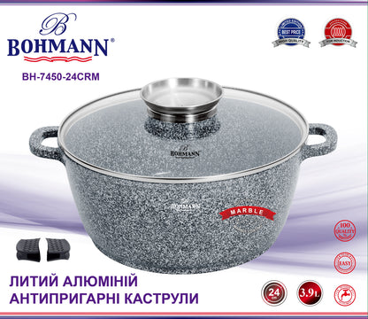 Bohmann 6 részes Gránit főzőedény szett, 20/24/28 cm, kerámia bevonattal és üvegfedővel, levehető szilikon fogantyúkkal
