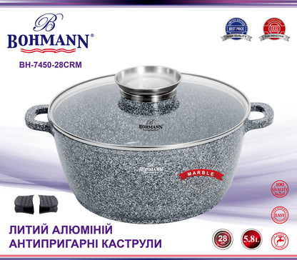 Bohmann 6 részes Gránit főzőedény szett, 20/24/28 cm, kerámia bevonattal és üvegfedővel, levehető szilikon fogantyúkkal