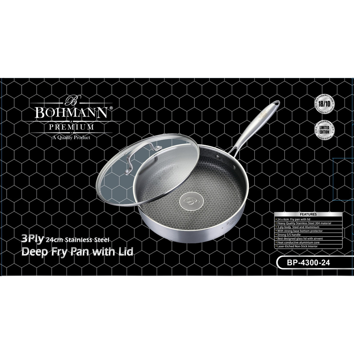 Bohmann Premium BP-4300 3 rétegű rozsdamentes acél mély serpenyő fedővel