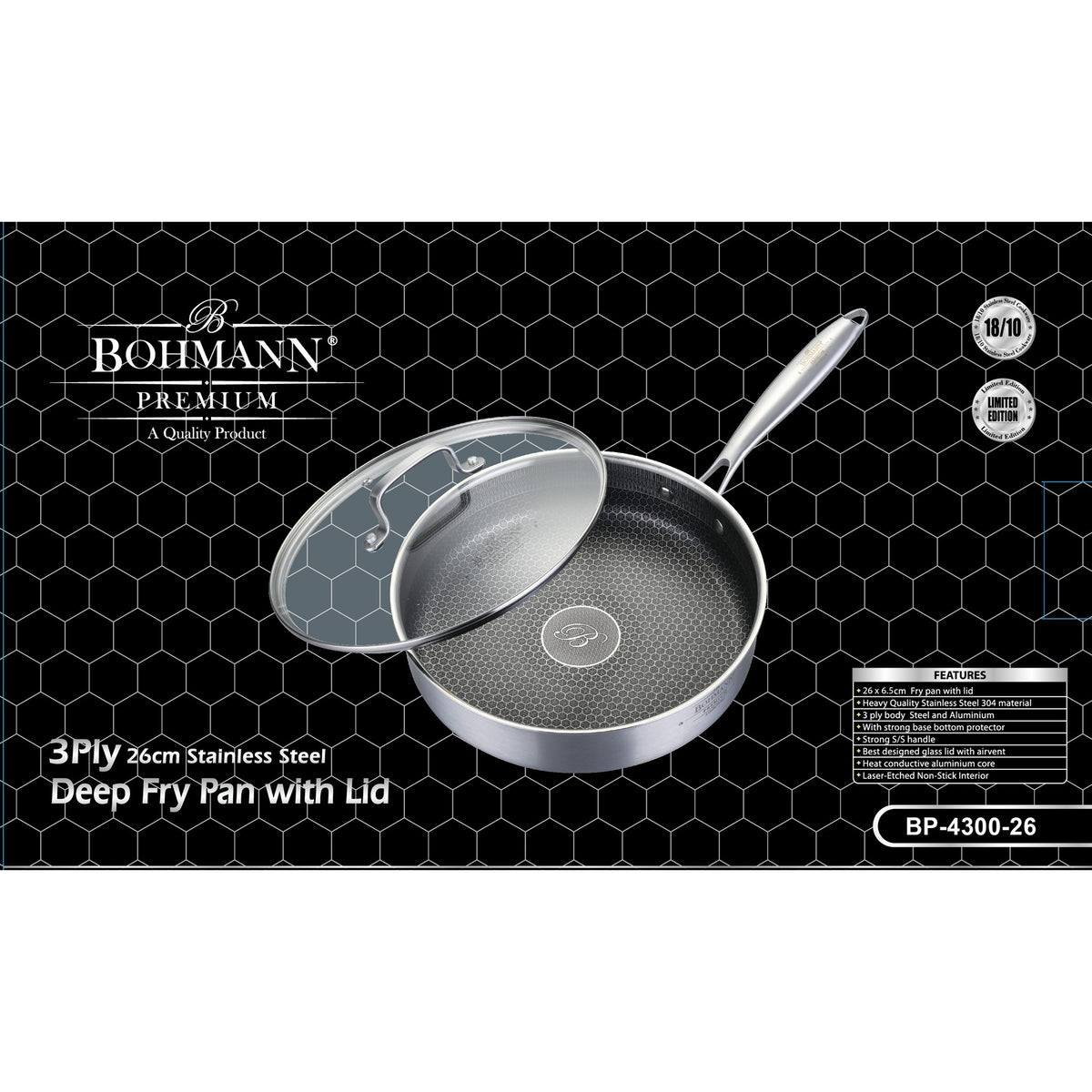 Bohmann Premium BP-4300 3 rétegű rozsdamentes acél mély serpenyő fedővel
