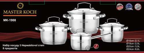 Master Koch MK-1908 8-piece stainless steel cookware set box