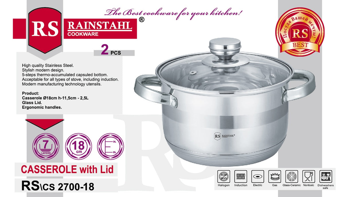 Rainstahl RS/CS 2700 Stainless Steel Casserole with Glass Lid (16/18/20/22/24cm)