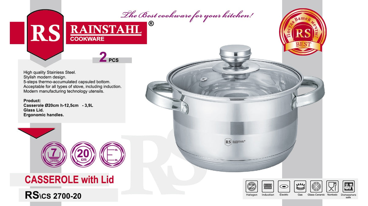 Rainstahl RS/CS 2700 Stainless Steel Casserole with Glass Lid (16/18/20/22/24cm)