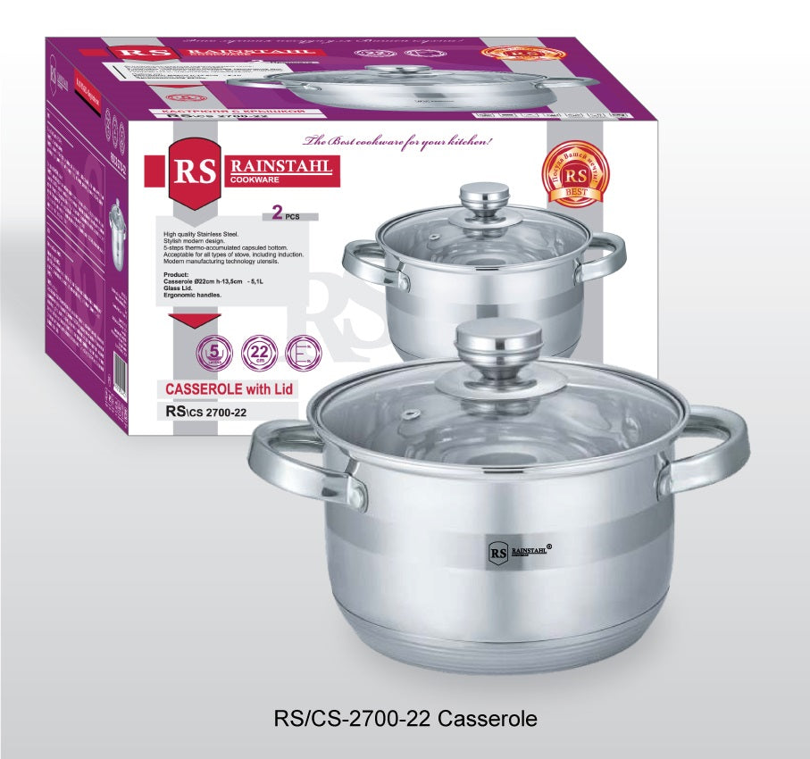 Rainstahl RS/CS 2700 Stainless Steel Casserole with Glass Lid (16/18/20/22/24cm)