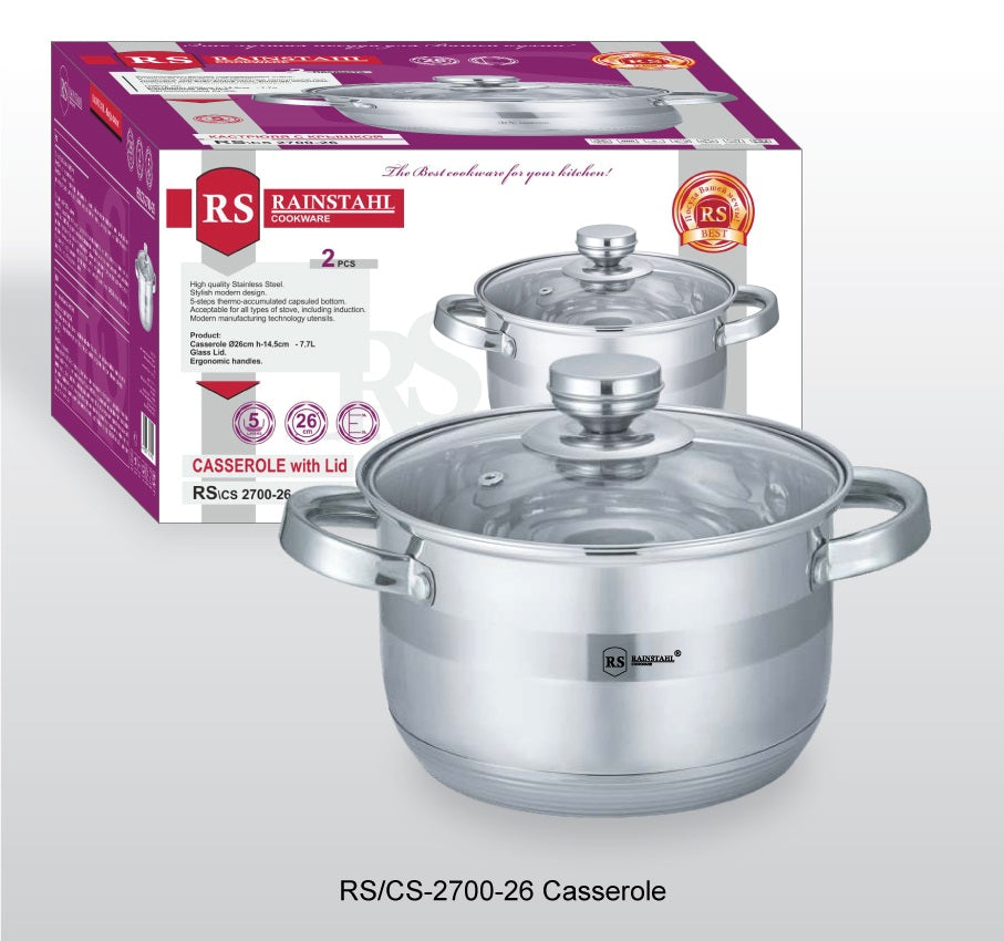Rainstahl RS/CS 2700 Stainless Steel Casserole with Glass Lid (16/18/20/22/24cm)