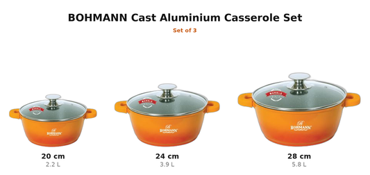 Bohmann Cast Aluminium Casserole Set – 3 Pieces (20/24/28 cm)