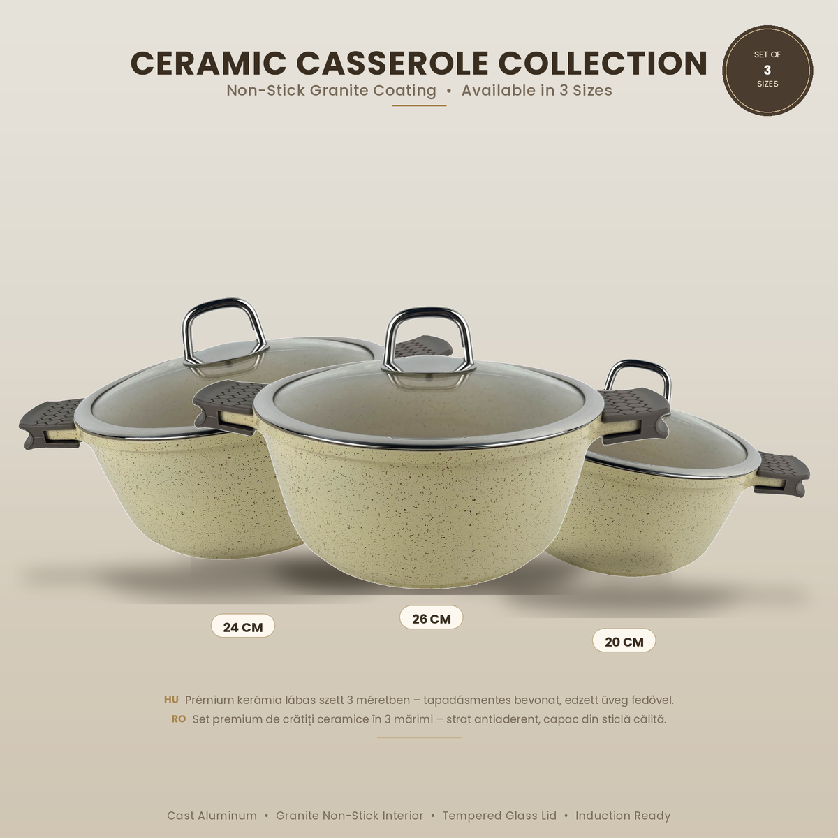 MASTER KOCH 7350 BEIGE SET OF CERAMIC CASSEROLE 20/24/26 CM